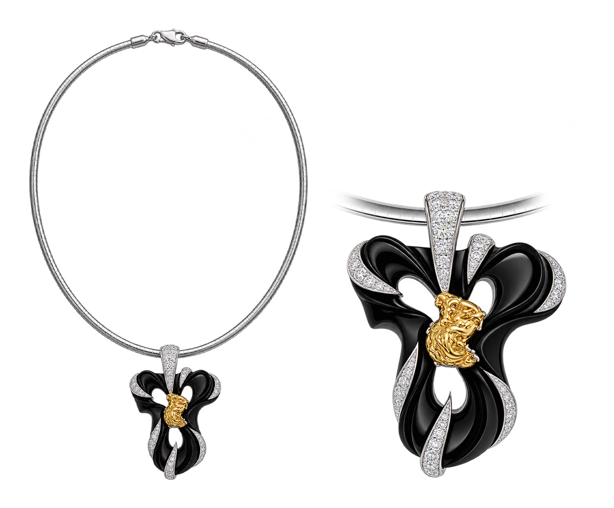 Black Onyx, Diamond and Gold Sculptural Pendant Necklace