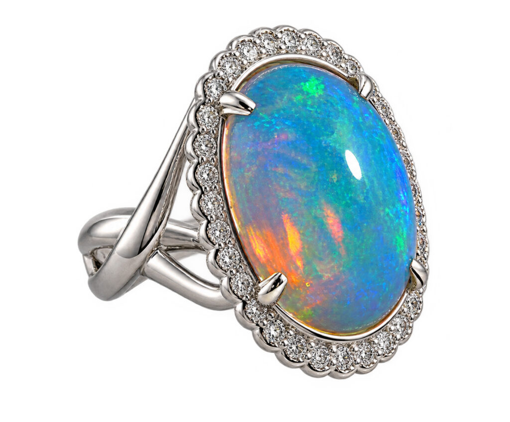 Fire Opal, Tsavorite & Diamond Ring