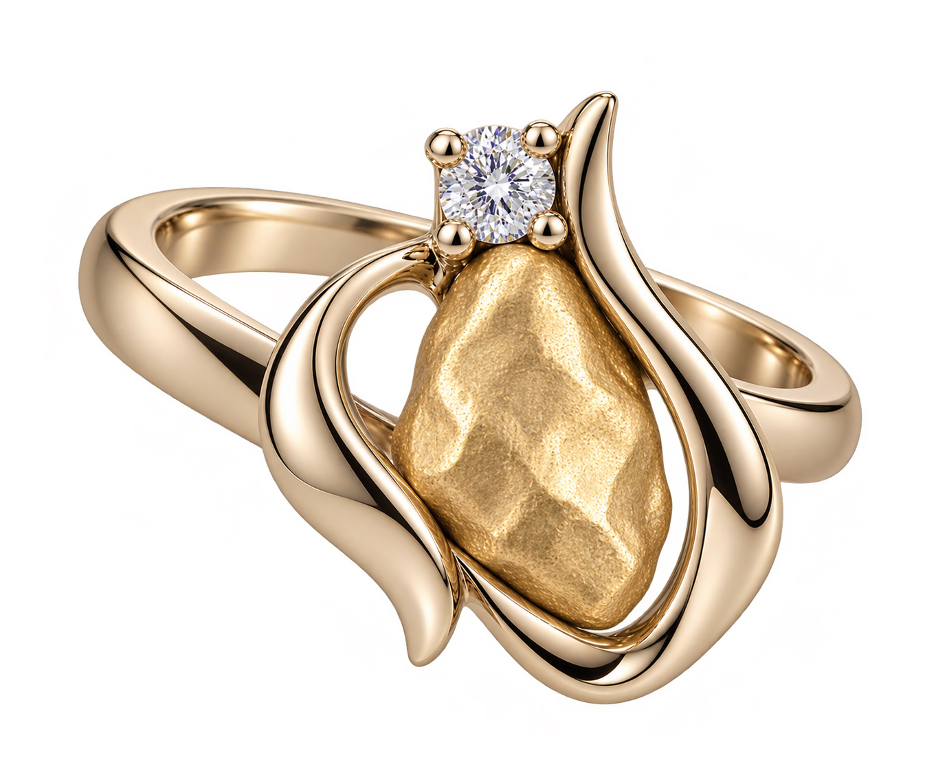 ring20-nugget Celebrate the beauty of nature and fine craftsmanship with this distinctive gold nugget and diamond ring. Featuring an organically textured gold nugget crowned by a brilliant-cut diamond, the design is enhanced by flowing, sculptural gold curves that gracefully embrace the centerpiece. Its warm golden tones and artistic silhouette create a striking balance of natural character and refined elegance, making this ring a truly unique statement piece.